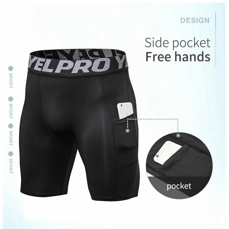 Men Compression Shorts Running Training Fitness Shorts Breathable Active Workout Underwear with Pocke