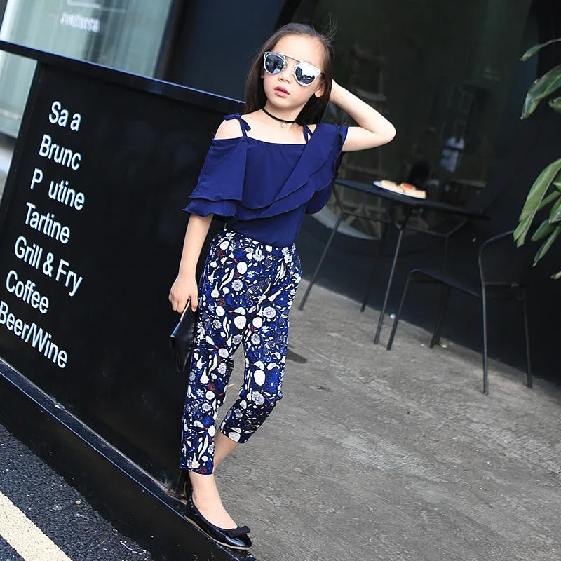 Summer Teen Girls Flower Chiffon Clothing Set Children Off Shoulder tops Floral Pants Kids Outfits Girl Clothes For 8 12 14Years