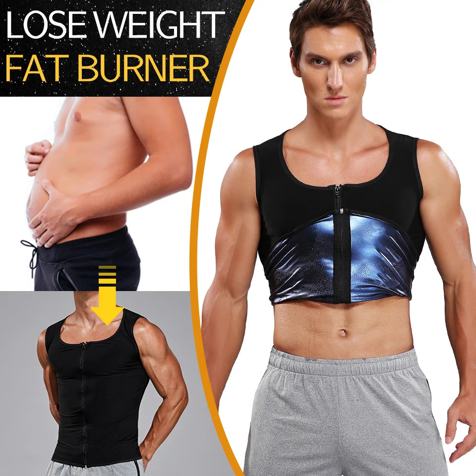 Men Sauna Sweat Vest Waist Trainer Corset Zipper Workout Tank Top Slimming Body Shaper Compression Shirt Weight Loss Fat Burner
