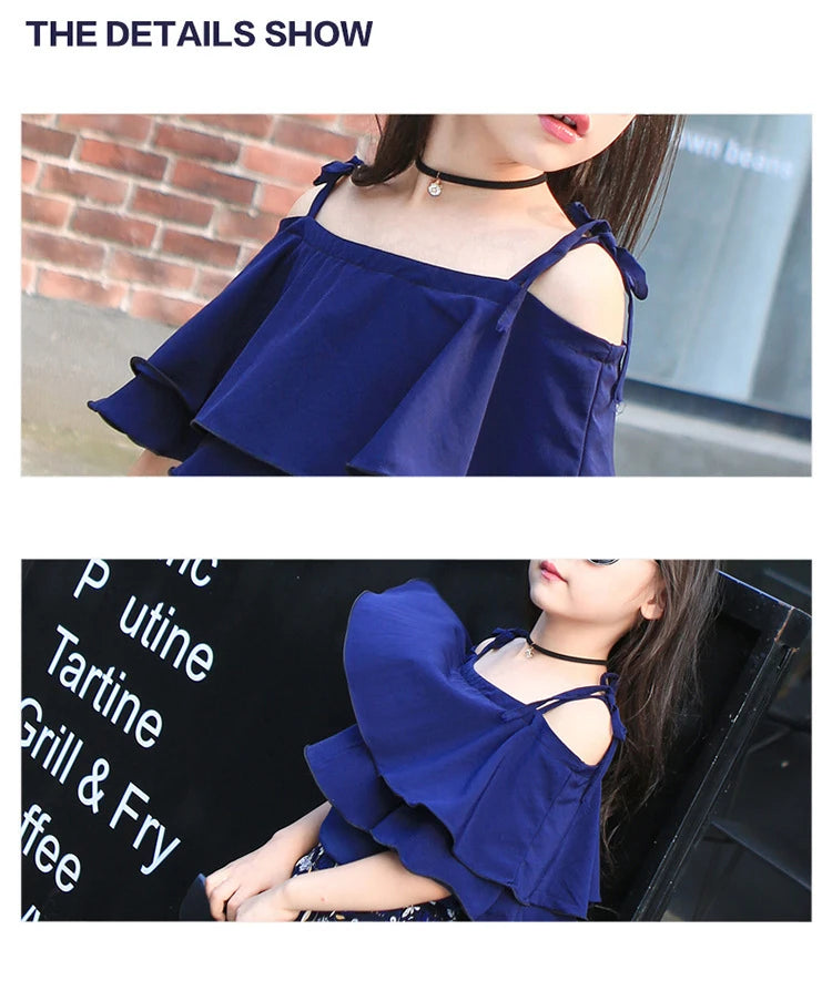 Summer Teen Girls Flower Chiffon Clothing Set Children Off Shoulder tops Floral Pants Kids Outfits Girl Clothes For 8 12 14Years