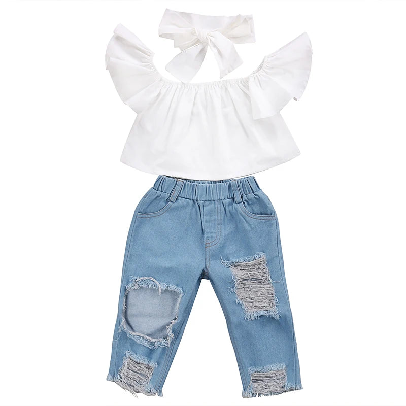 US Stock Fashion Toddler Girls Kids 2-6 Years Clothes Set Off Shoulder Tops Denim Pants Jeans Outfits Set Clothes 1-6Y