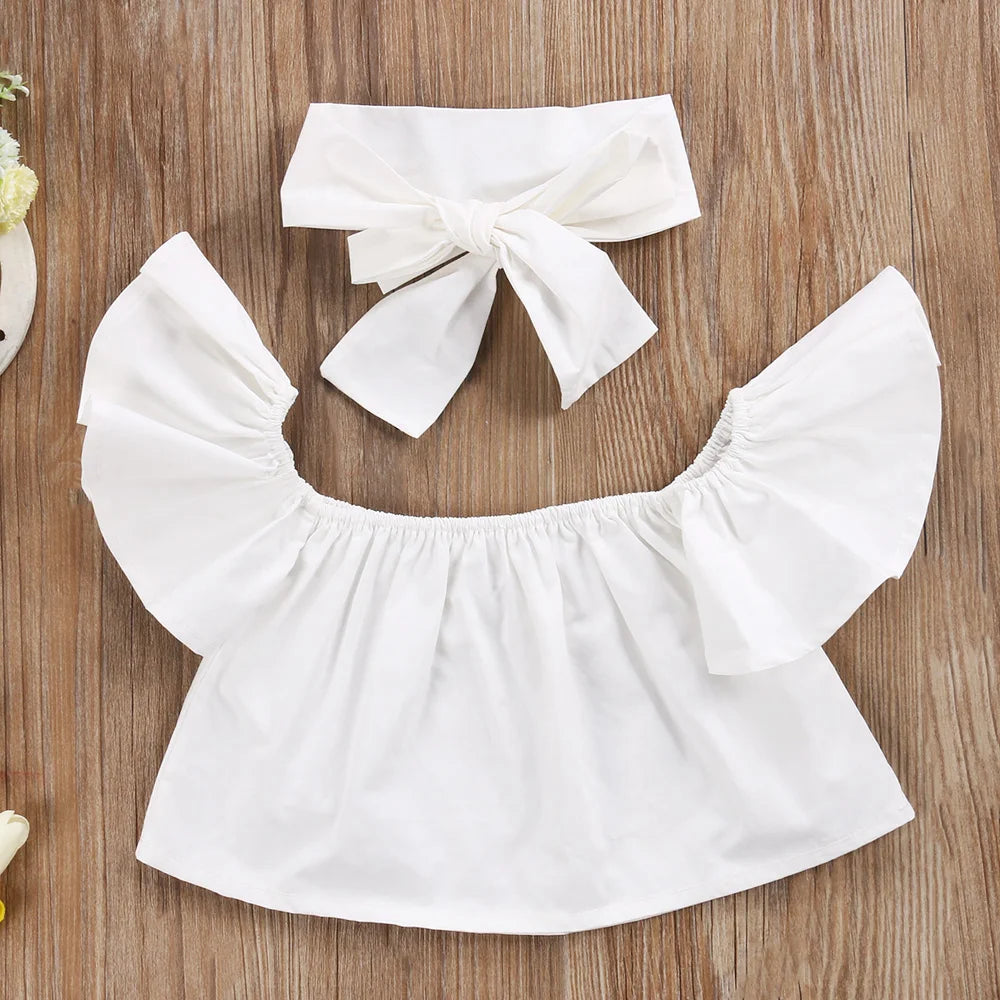 US Stock Fashion Toddler Girls Kids 2-6 Years Clothes Set Off Shoulder Tops Denim Pants Jeans Outfits Set Clothes 1-6Y