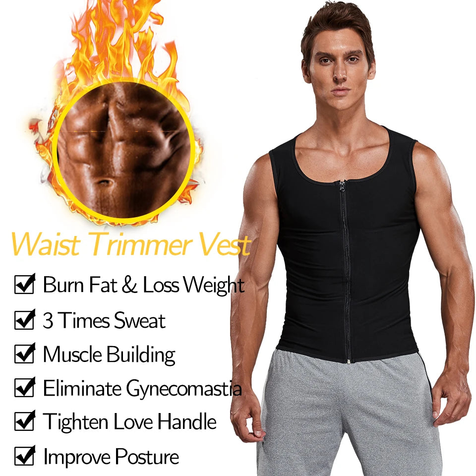 Men Sauna Sweat Vest Waist Trainer Corset Zipper Workout Tank Top Slimming Body Shaper Compression Shirt Weight Loss Fat Burner