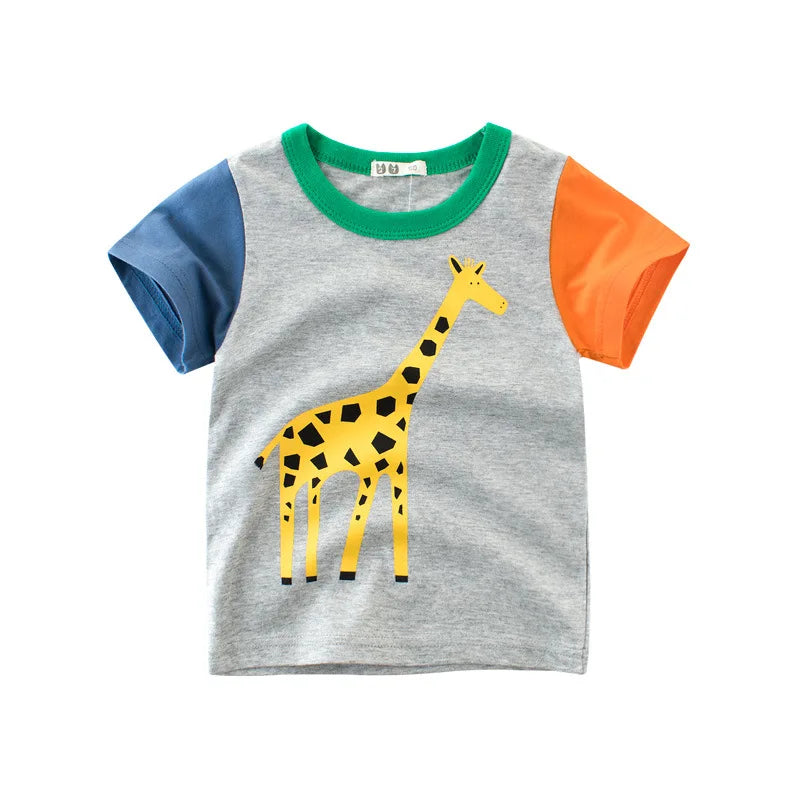 2024 Summer Kids Clothes Boys Girls Short Sleeve T-shirt Tops Children Dog Lion Giraffe Cartoon Animal Cotton Print T Shirt Tees