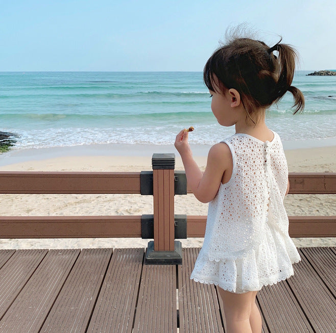 Girls Outfit Set 2022 Summer Clothing Sets Hollow Lace Suit Baby Casual Sleeveless T-shirt+Shorts Kids Clothes Sets Baby Clothes