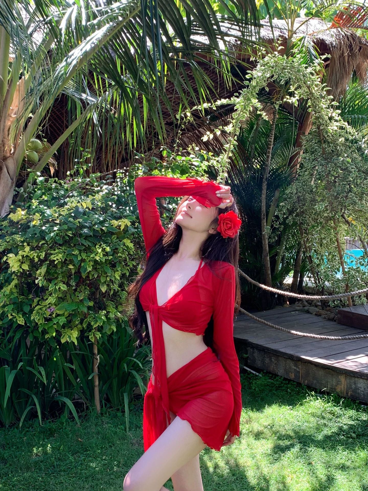 2025 New Bali Vacation Thailand Red Bikini Four Piece Set Slimming And Concealing Split Swimsuit For Women Looking White