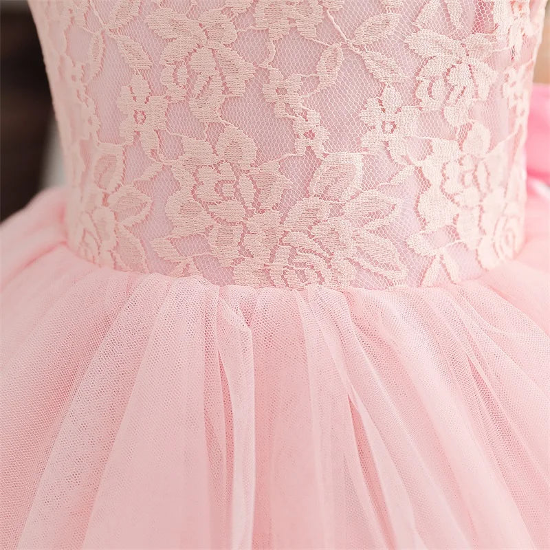 Flower Girl Dresses for Wedding Kids Lace Backless Tulle Tutu Princess Prom Party Clothes Baby 1st Birthday Baptism White Dress