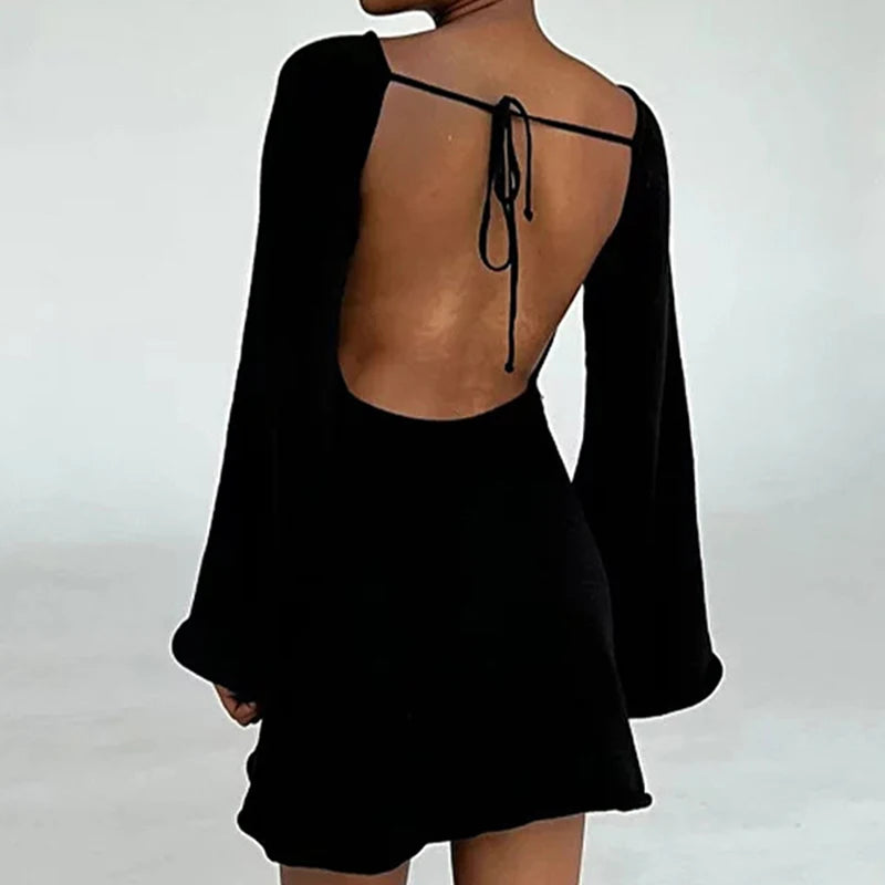 New sexy Backless Round Collar Cover-Ups Solid Color Knit Beachwear Stylish Horn Sleeve Beach suit Female Holiday wrap Dress