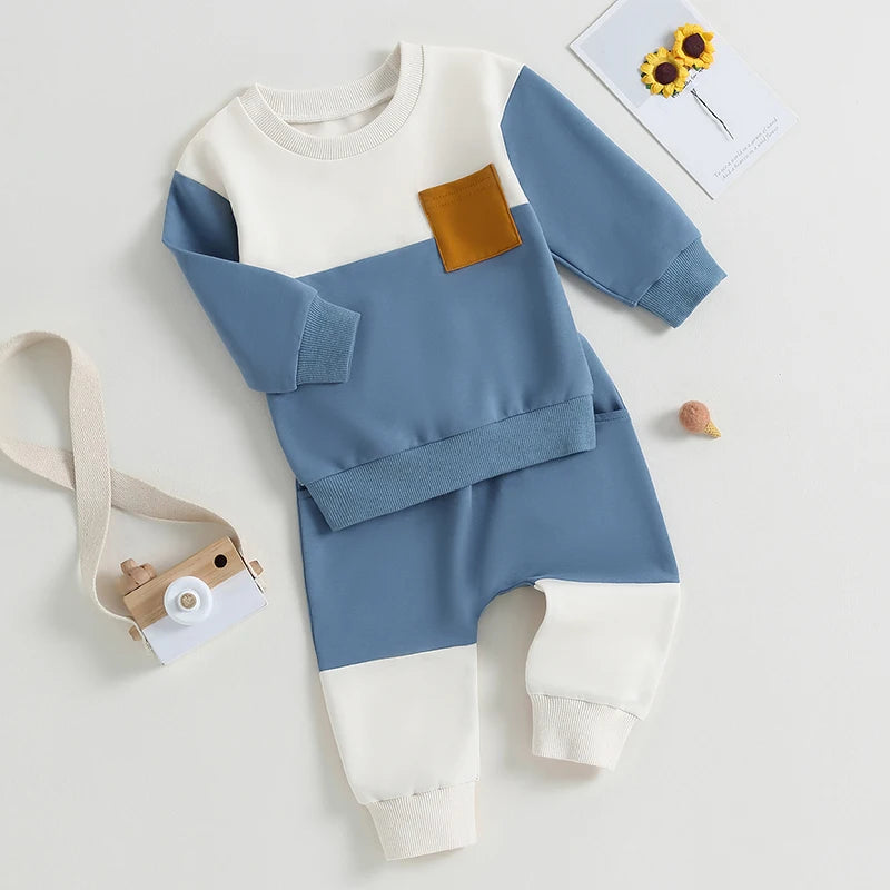 2023-05-19 Lioraitiin 0-3Years Baby Boy 2Pcs Autumn Pants Set Contrast Color Long Sleeve Crew Neck Sweatshirt Sweatpants Clothes