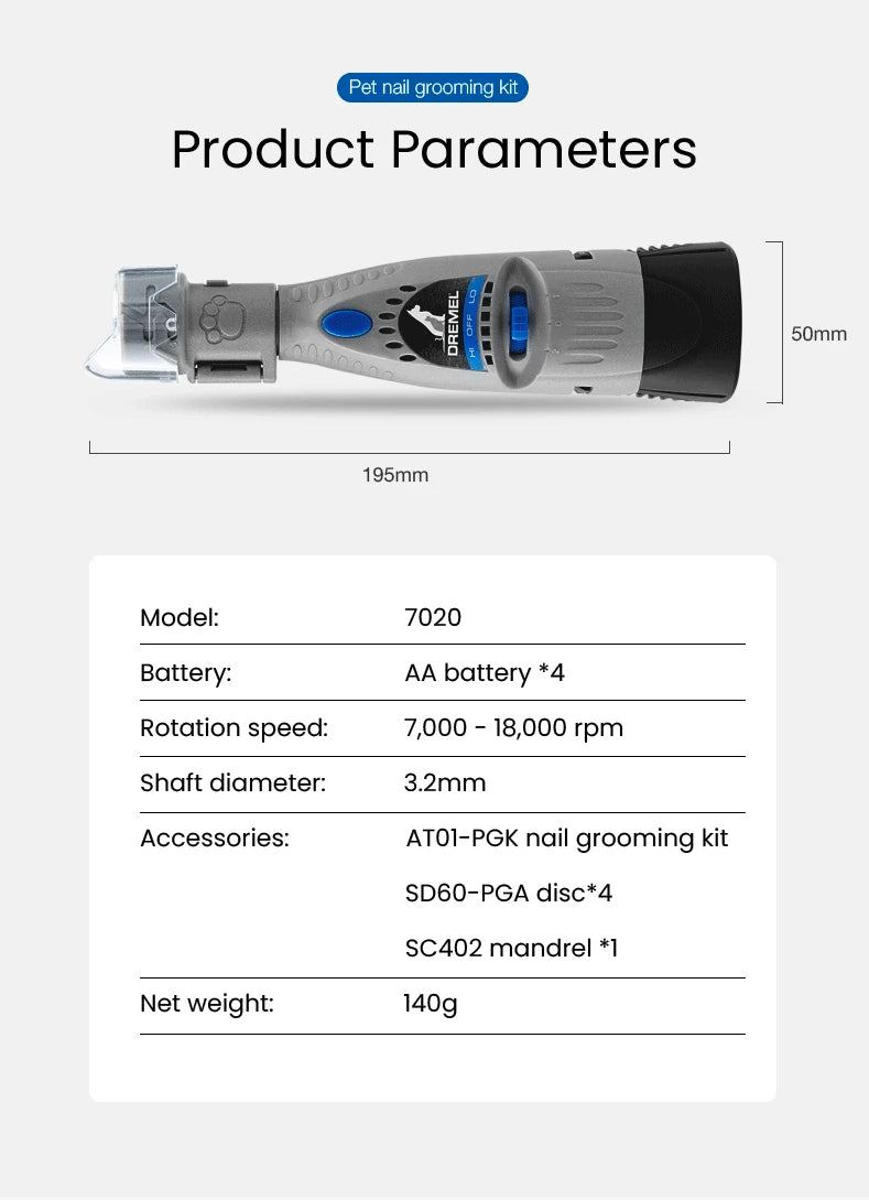 Dremel 7020 PGK Pet Nail Grinder Quiet Electric Dog Nail File Care Set Safety Dog Nail Clippers Trimmers Tools Battery Powered