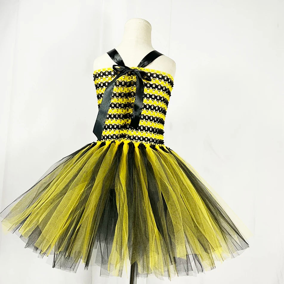 Bumble Bee Tutu Dress for Baby Girls Birthday Outfit Halloween Costume for Kids Honeybee Cosplay Dresses with Wing Headband Set
