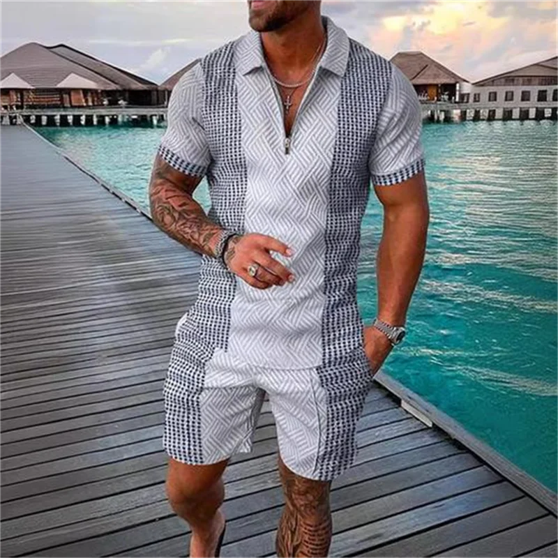 Funny 3D Polka Dot Print Men's Short Sleeve Sets Fashion Zip Polo Shirt Shorts 2 Piece Outfit Summer Street Clothing Casual Suit