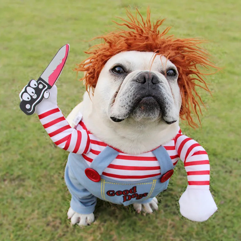 Small and Medium Sized Pet Dog Funny Clothes Cosplay Fatal Dolls Henshin Outfit Wig Upright Scary Costume Halloween Gatherings