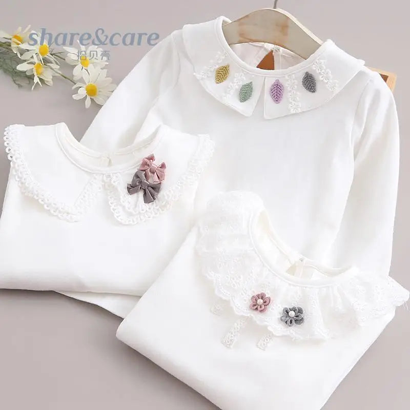 Children's Shirts School Girls White Tops Long Sleeve Lace Shirts Kids Shirt Baby Toddler Teen Casual Children Clothes