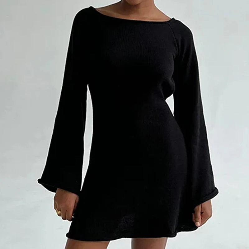 New sexy Backless Round Collar Cover-Ups Solid Color Knit Beachwear Stylish Horn Sleeve Beach suit Female Holiday wrap Dress