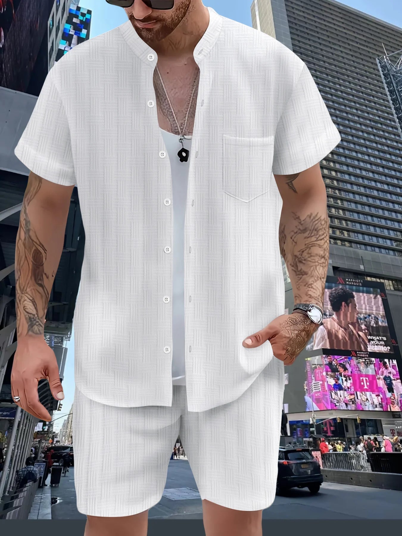 Spring/summer solid color Henry collar pocket suit for men. Shirt casual short sleeve shorts beach loose fashion suit