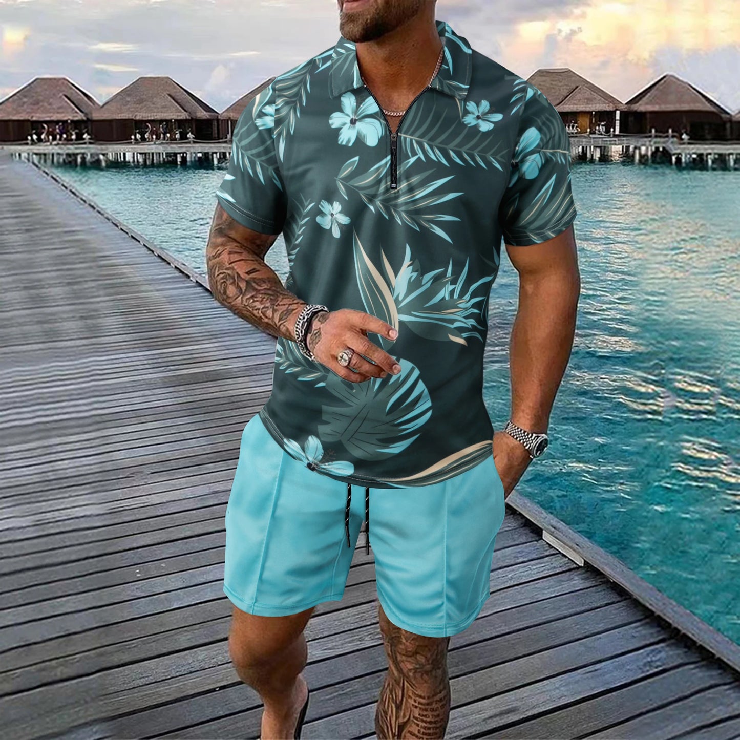 Fashion Zip Polo Shirts Men's Set Hawaiian Beach Vacation Short Sleeve Polo Shirt Shorts 2 Piece Outfit Street Casual Loose Suit
