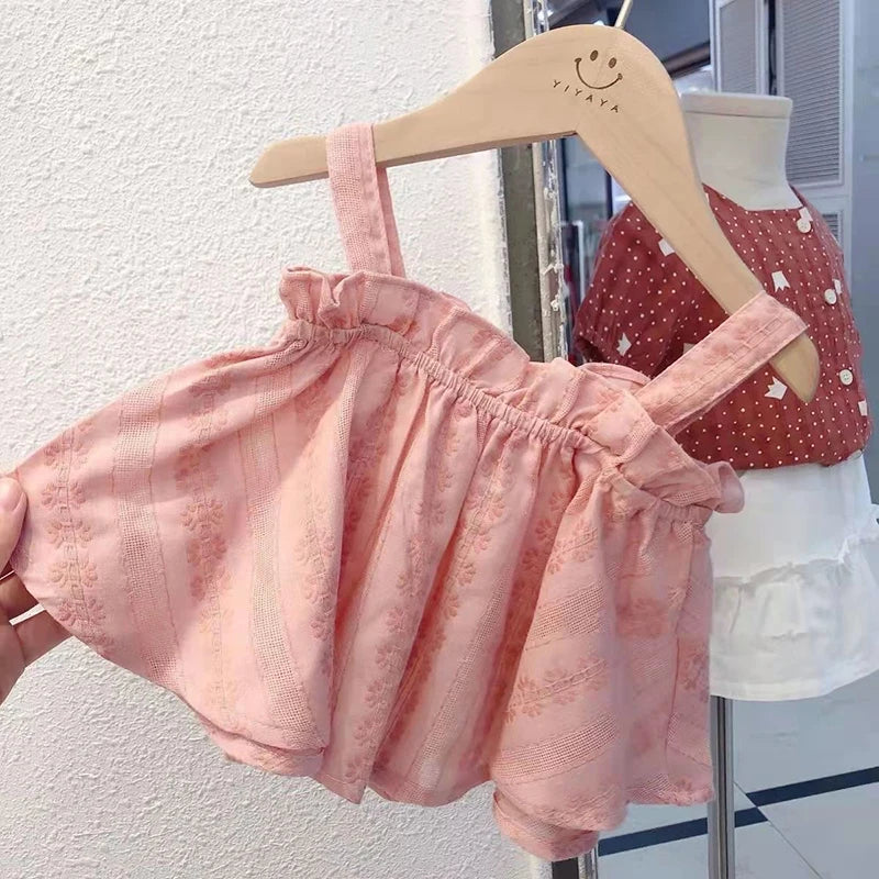Girls Outfit Set 2022 Summer Clothing Sets Hollow Lace Suit Baby Casual Sleeveless T-shirt+Shorts Kids Clothes Sets Baby Clothes