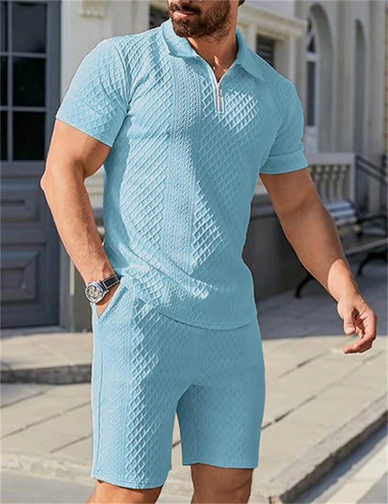 2025 New Men Suit Fashion Men's Summer Jacquard Half Zip Short Sleeve Polo Shirt+Shorts 2 PCS Sets Men Casual Sports Suit
