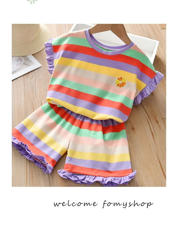Children's Clothing Sets Floral Embroidery Short Sleeve Lace Top + Striped Printed Shorts 2pcs Sets Kids Clothes for Girls