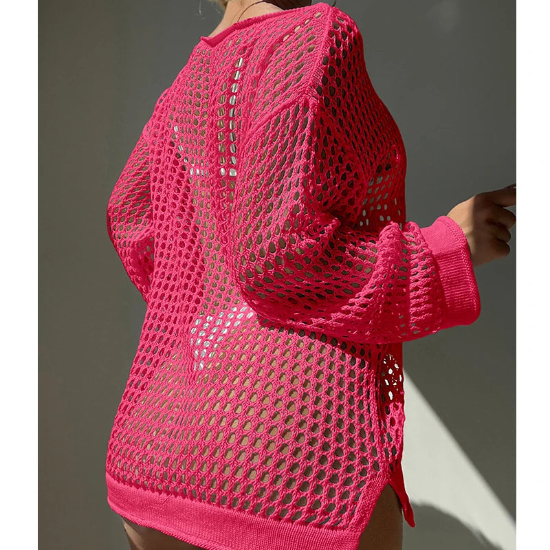Knitting Loose Swimsuit Cover-Ups Sexy Hollow Out Round Collar Top Women Summer Beach Holiday Fashion Sunscreen Smock Top