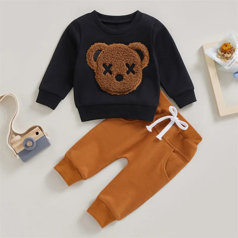 1-5 Years Kid Boys Girls 2Pcs Tracksuit Suits Fall Baby Plush Cartoon Bear Long Sleeves Sweatshirt Top + Elastic Waist Pants