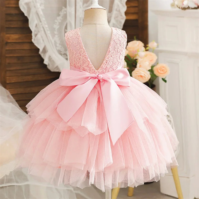 Flower Girl Dresses for Wedding Kids Lace Backless Tulle Tutu Princess Prom Party Clothes Baby 1st Birthday Baptism White Dress