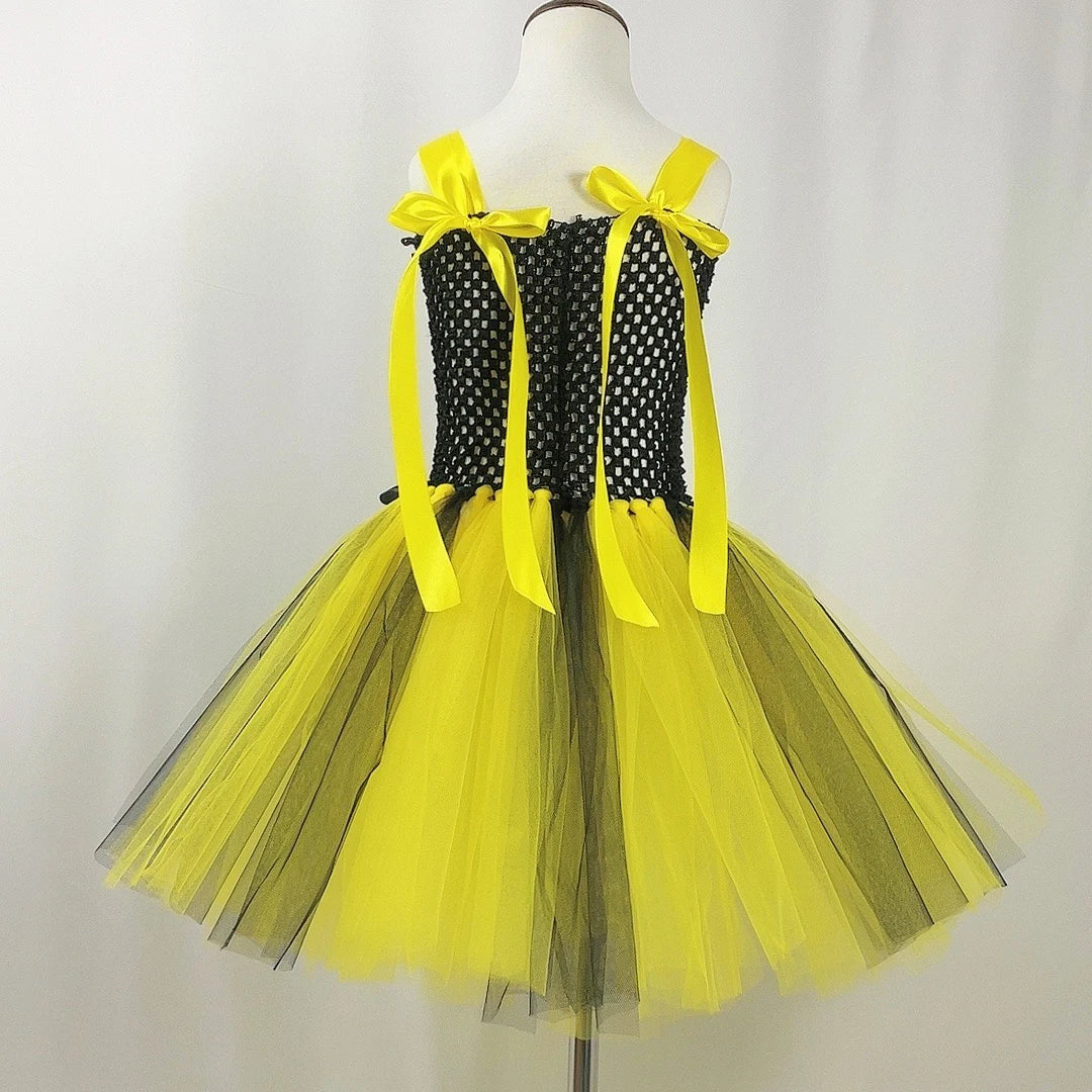 Bumble Bee Tutu Dress for Baby Girls Birthday Outfit Halloween Costume for Kids Honeybee Cosplay Dresses with Wing Headband Set