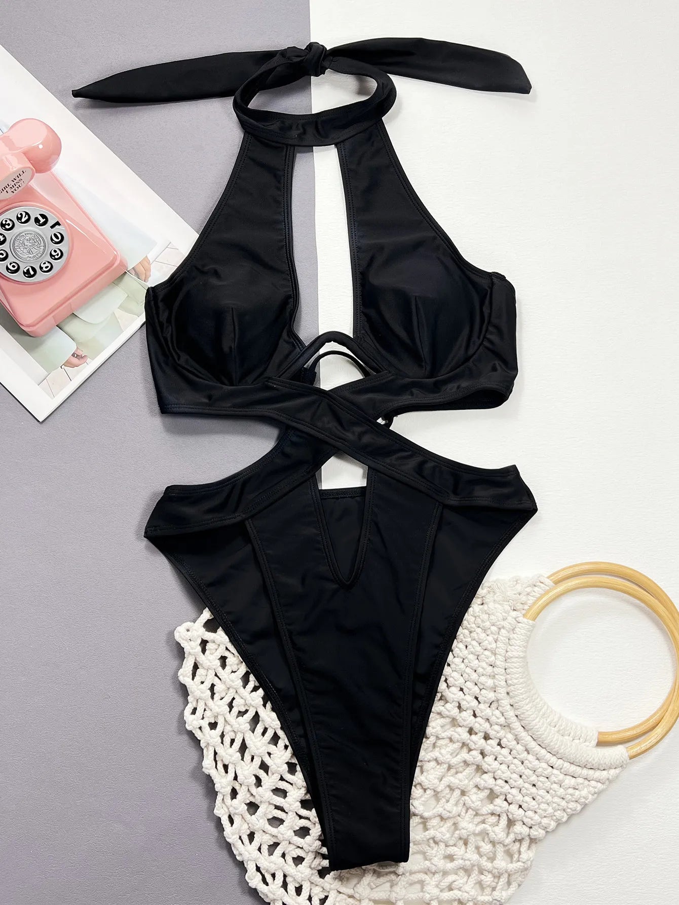VigoBeviya 2024 Sexy Black Halter Swimwear Women Hollowed Backless Cross One Piece Swimsuit Monokini Summer Beach Bathing Suit