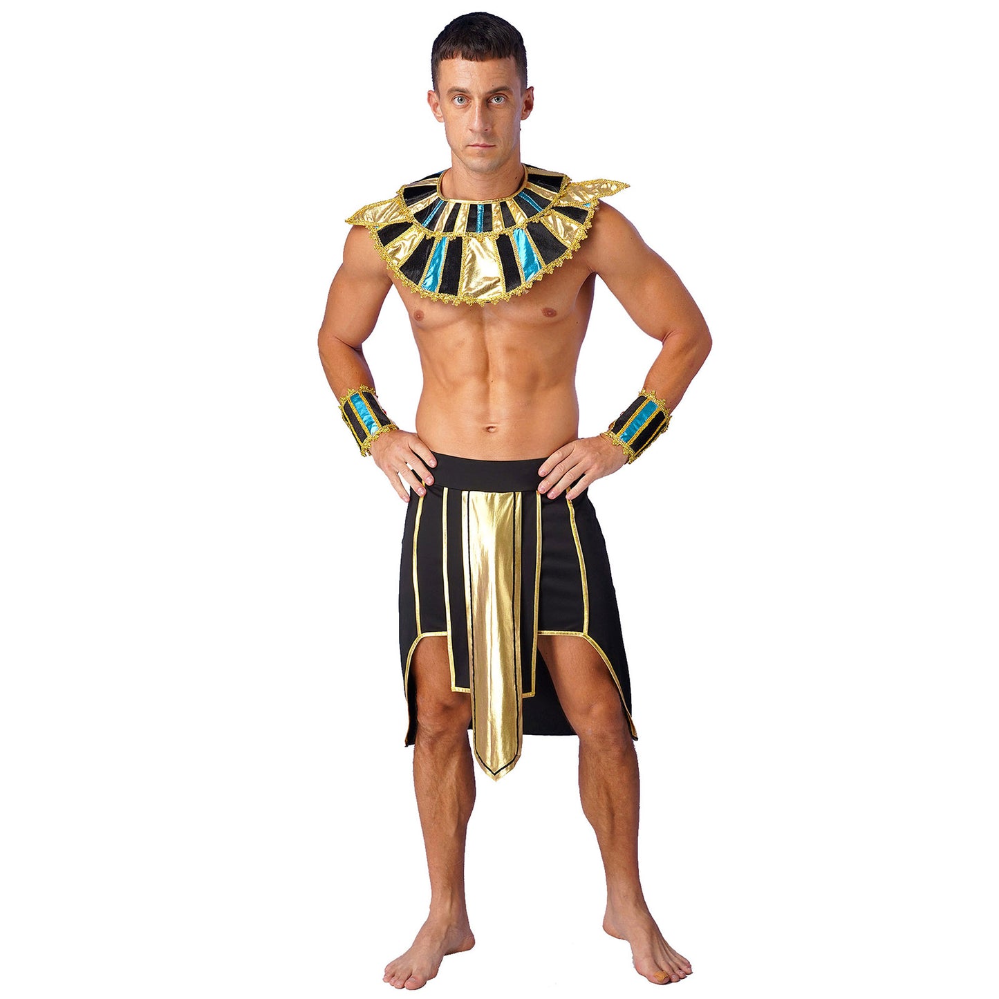 Mens Ancient Egyptian Pharaoh King Cosplay Costume Halloween Fancy Dress Skirt with Cuffs Collar Outfit for Theme Party/Stage