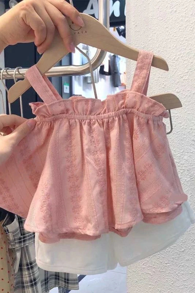 Girls Outfit Set 2022 Summer Clothing Sets Hollow Lace Suit Baby Casual Sleeveless T-shirt+Shorts Kids Clothes Sets Baby Clothes