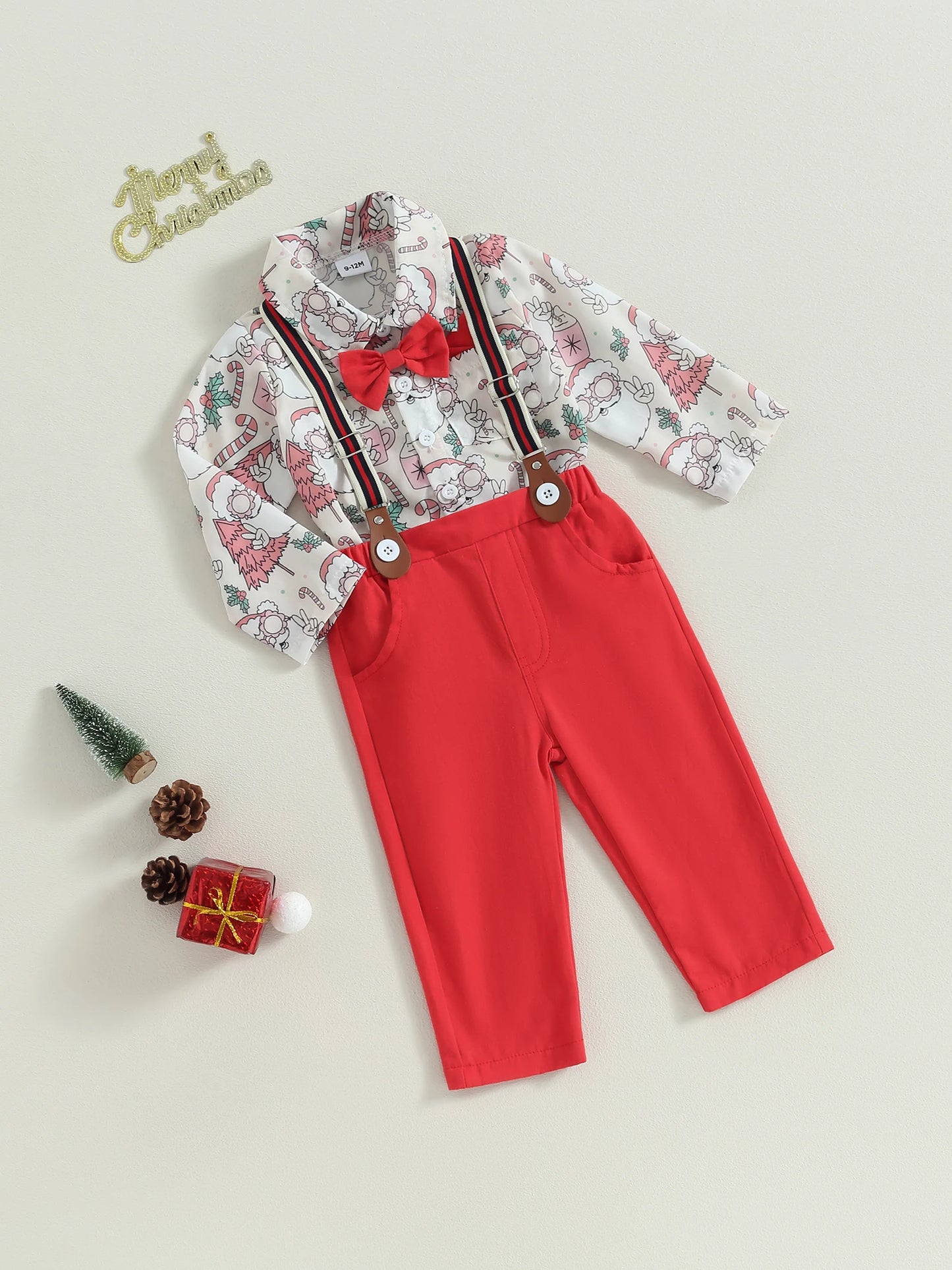 0-24M Baby Boys Formal Suit for Christmas Infant Long Sleeve Santa Print Shirts with Bow-tie + Suspender Pants Gentleman Set