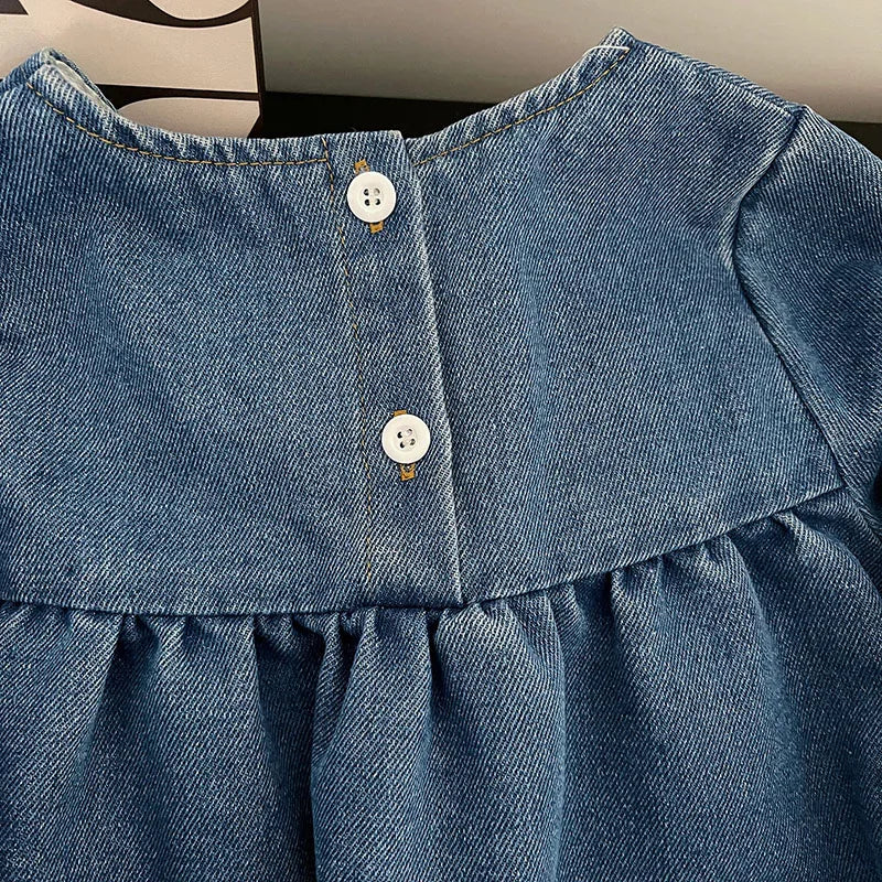 MILANCEL Girls Denim Dresses 2024 Autumn New Embroidery Floral Long Sleeve Dress Children's Daily Casual Clothes