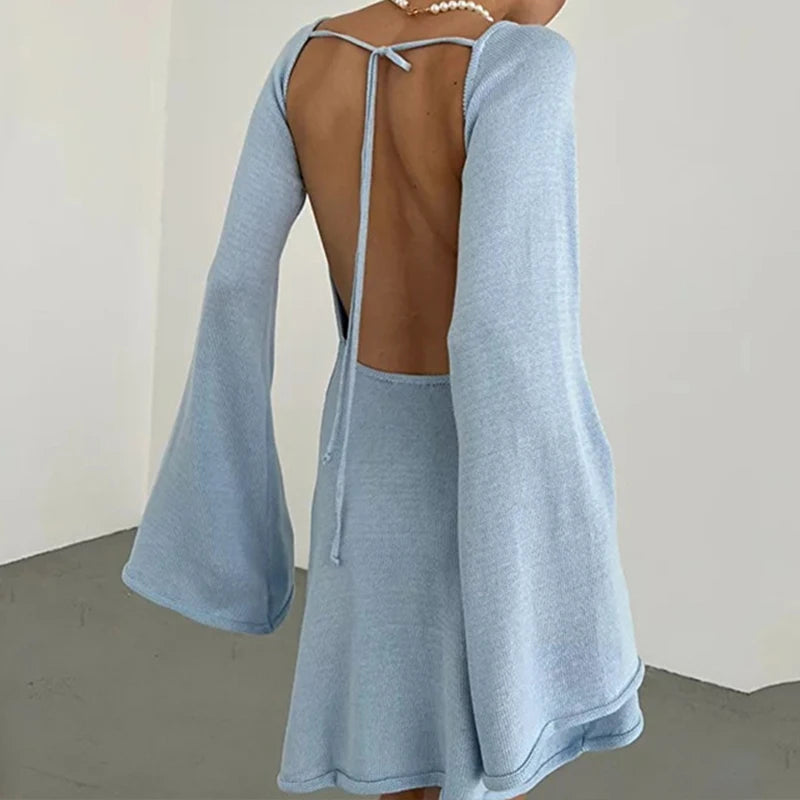 New sexy Backless Round Collar Cover-Ups Solid Color Knit Beachwear Stylish Horn Sleeve Beach suit Female Holiday wrap Dress