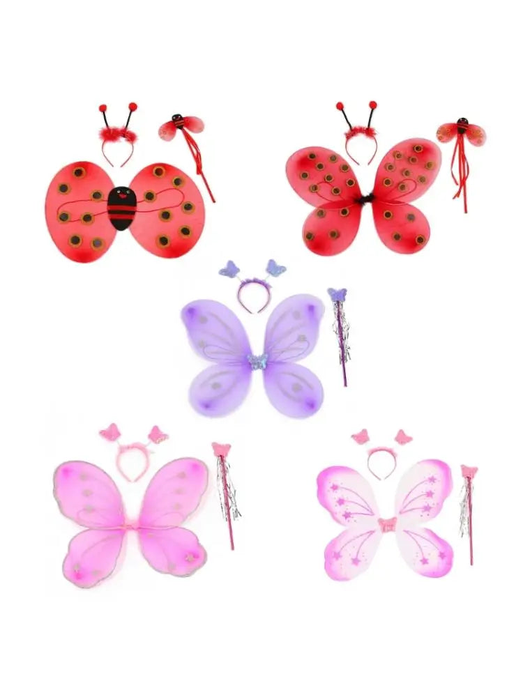 4Pcs/Set Kid Fairy Costume Set Ladybird Bee Glitter Cute Wing Striped Layered Tutu Skirt Wand Headband Dress Up Halloween Outfit