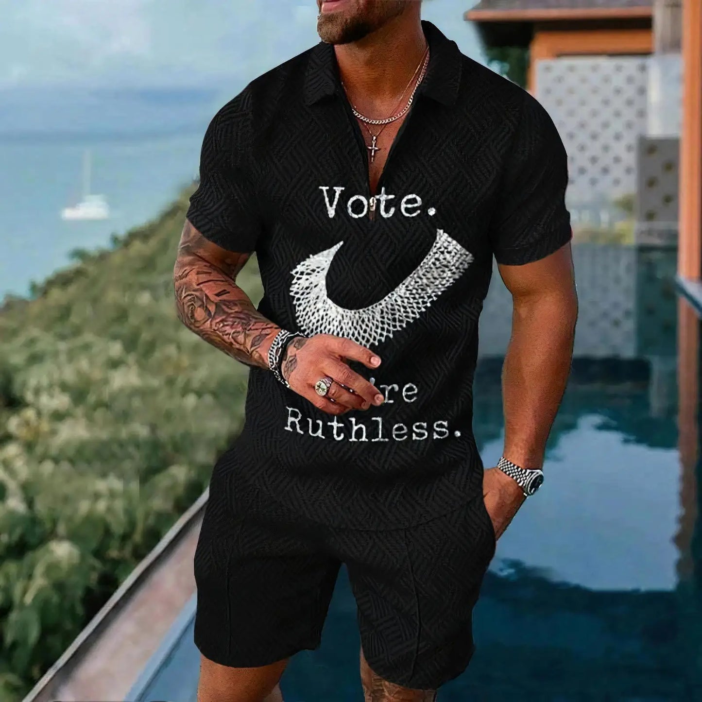 White Plaid Graphic Men's Polo Shirt Sets Casual Zipper Shirts+Shorts Sportswear Golf Stand Collar Tops Suits Male Clothing