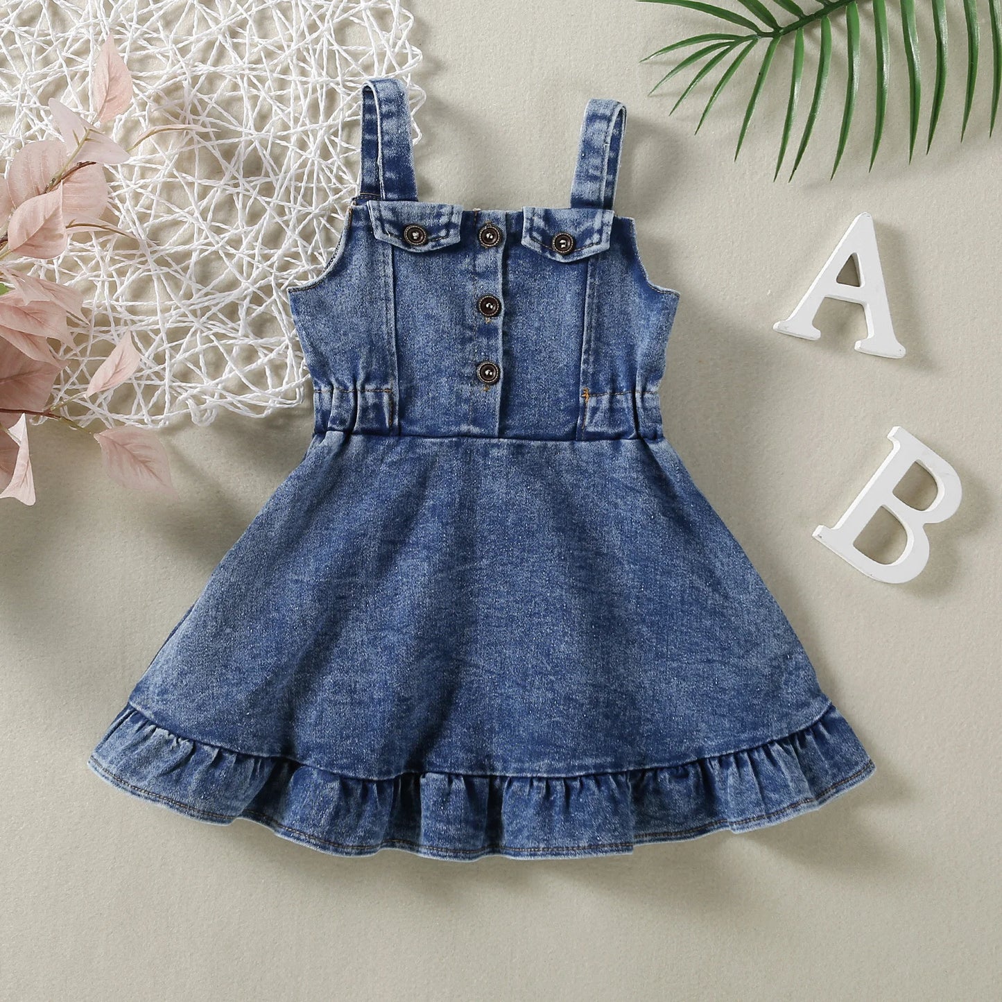 FOCUSNORM 0-4Y Summer Lovely Kids Girls Denim Dress Ruffles Sleeveless Strap Button A-Line Sundress Holiday Clothing