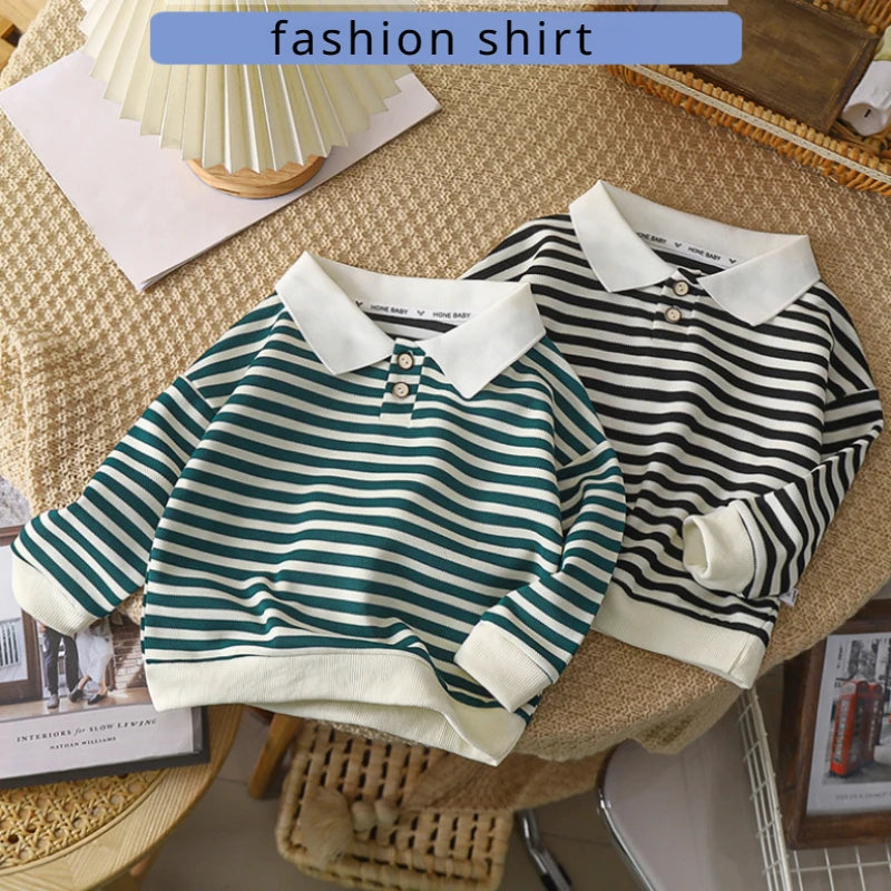 Spring New in Kids Baby Boys Fashion Top Outwear - Children Polo Collar Striped Full Sleeve Shirts , Toddler Clothing 2-7Y