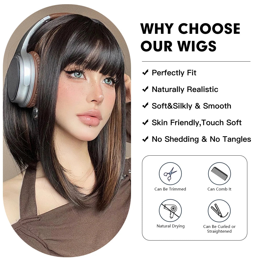 Short Straight Bob Wigs with Bangs Black Brwon Highlight Wig Daily Cosplay Natural Synthetic Hair Wigs for Women Heat Resistant