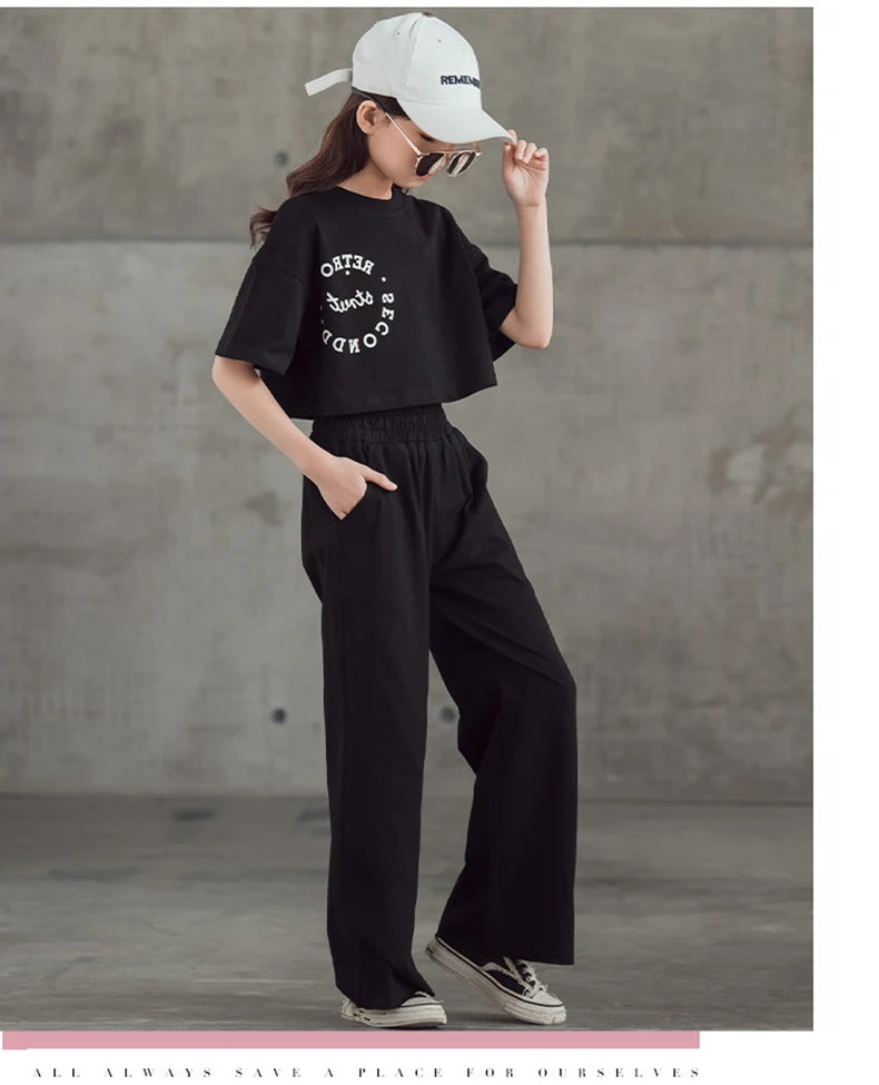 2024 New Spring Summer Teenager Girls Clothing Sets Children Short Tops T Shirt + Pants 2Pcs Kids Tracksuit 5 6 8 10 12 14 Years