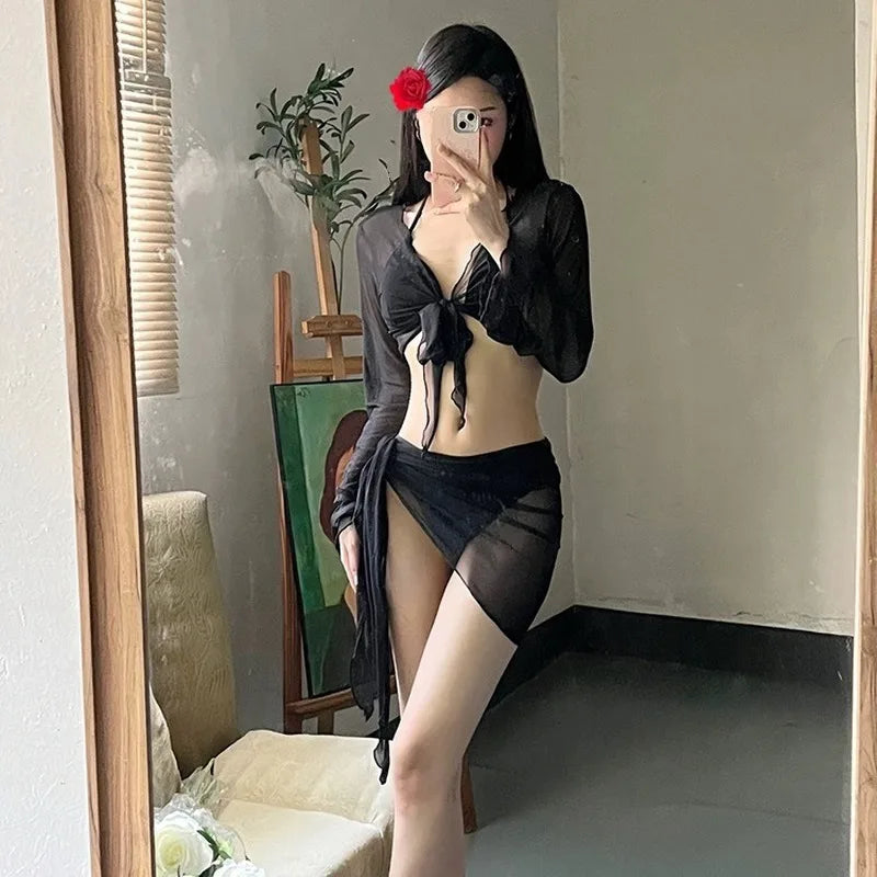2025 New Bali Vacation Thailand Red Bikini Four Piece Set Slimming And Concealing Split Swimsuit For Women Looking White