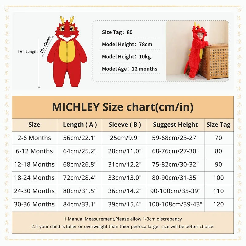 MICHLEY NEW Halloween Blue Dragon Baby Rompers Winter Costume Clothes Cartoon Jumpsuit Bodysuits Overall For Girl Boy Bebe 2-36M