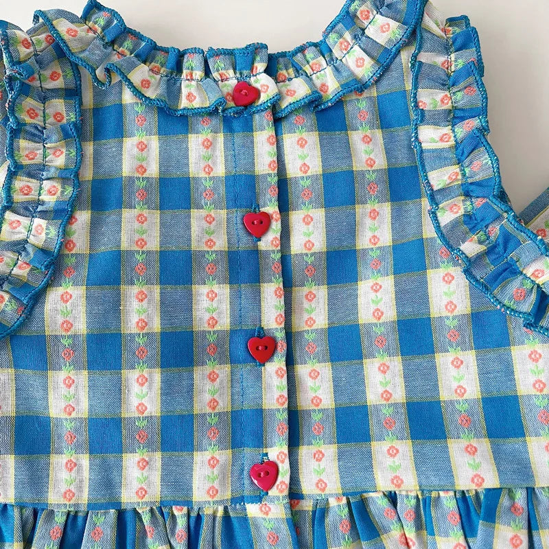Children's Clothing Sets Blue Plaid Floral Print Sleeveless Top + Wide Leg Pants + Shorts 3 Pcs Sets Kids Clothes for Girls