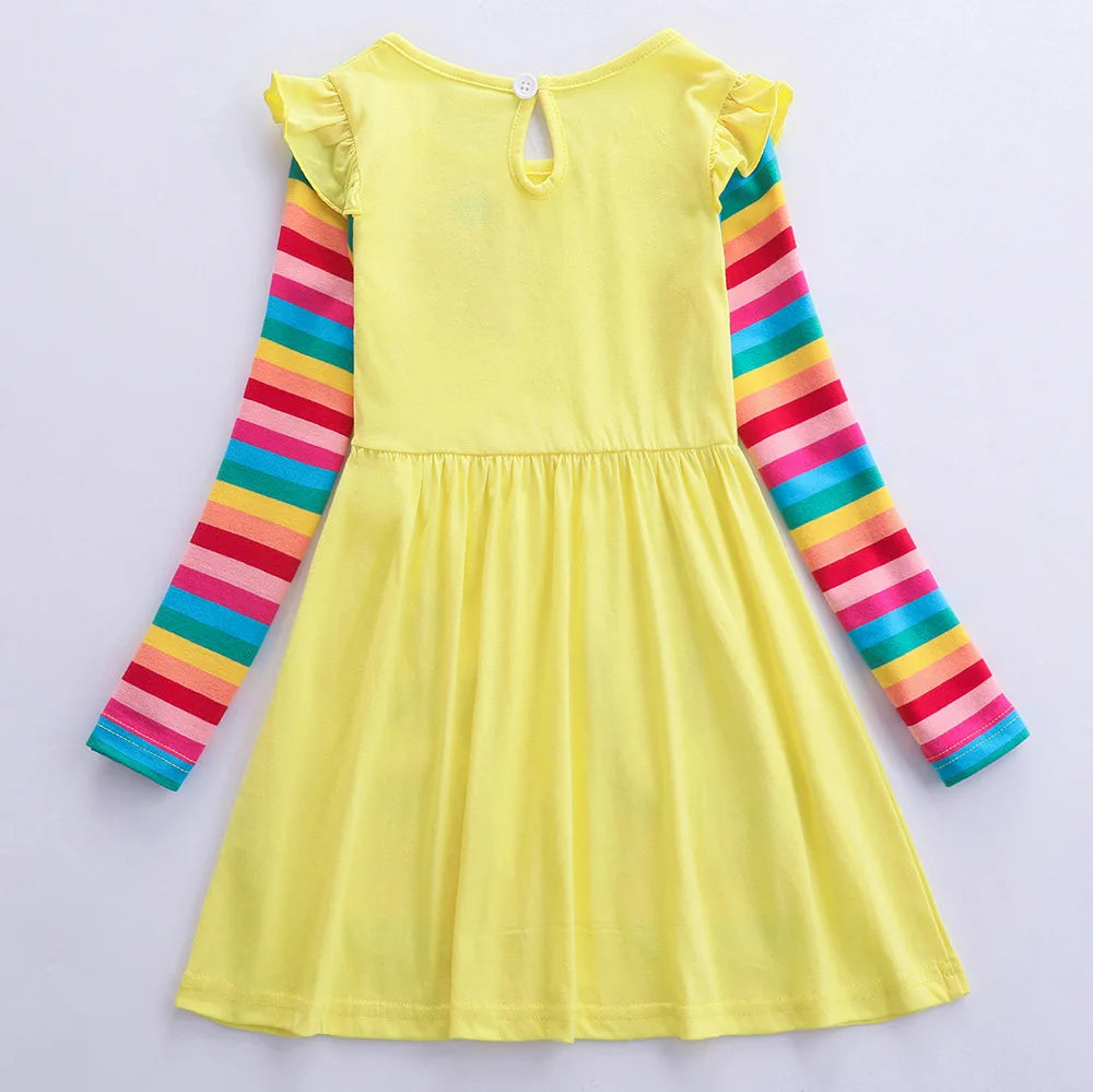 Girls' Long Sleeve Unicorn Dress Autumn Embroidery Two Pockets Rainbow Sleeves 81035