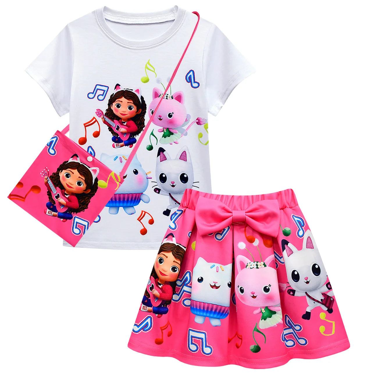 GabyDoll Cat house Girls Clothes Sets Summer Cats-tastic Tops+Bow Cartoon Print Skirt+Bag+Headband 4pcs Children's Clothing Suit
