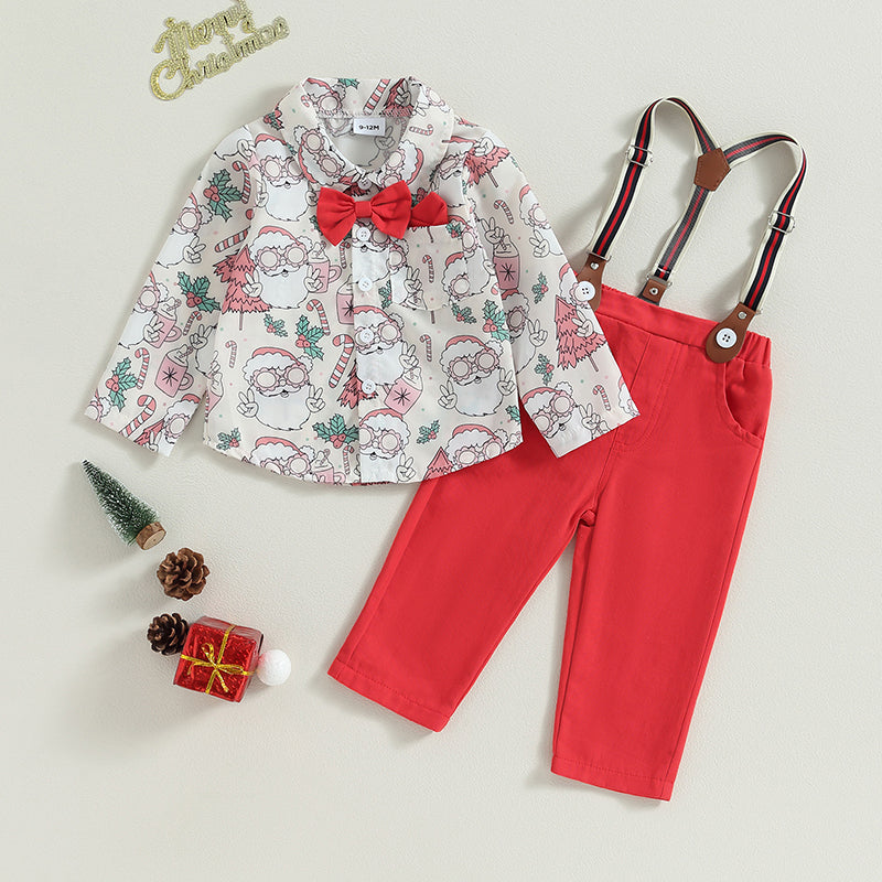 0-24M Baby Boys Formal Suit for Christmas Infant Long Sleeve Santa Print Shirts with Bow-tie + Suspender Pants Gentleman Set