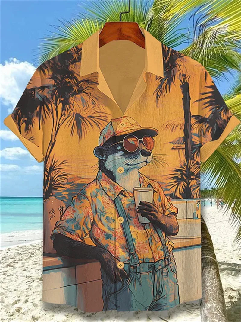 New men's 3D octopus print short sleeved shirt, retro summer linen shirt, men's holiday casual short sleeved streetwear