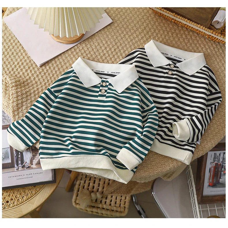 Spring New in Kids Baby Boys Fashion Top Outwear - Children Polo Collar Striped Full Sleeve Shirts , Toddler Clothing 2-7Y