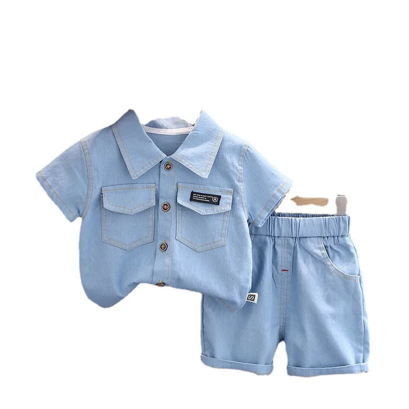 Summer new shirt 2024 boys lapel short-sleeved suit kidsren's clothing kidsren's workwear casual pants shirt two-piece set