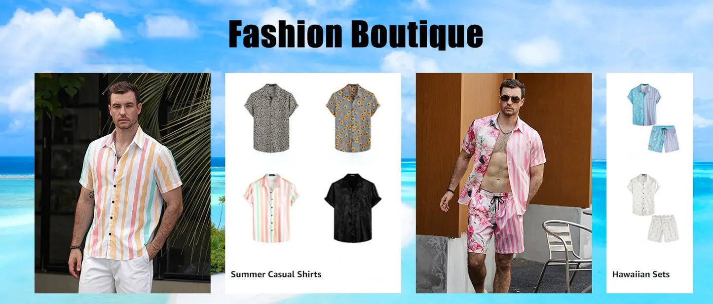 Summer New Men's Short Sleeve Shirt and Shorts 2 Piece Set Fashion Coconut Tree Print Lapel Shirt Beach Drawstring Shorts Set